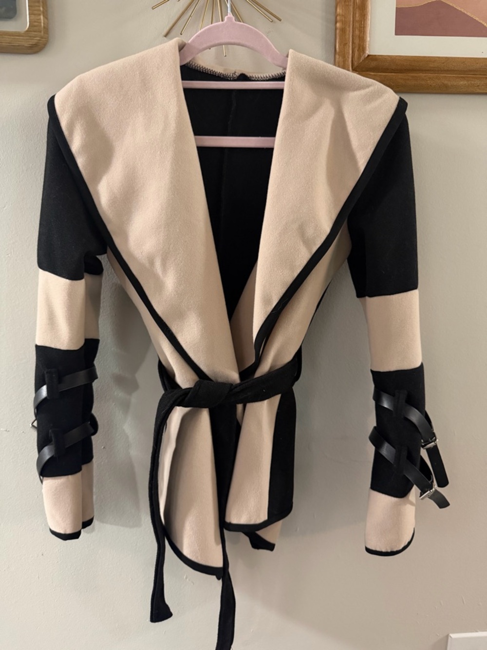 Beige and Black Wrap Jacket with Belt